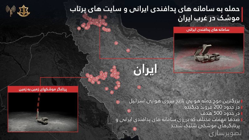 ارتش اسرائیل با انتشار تصاویر بالا نوشتهحدود ۲۰۰ فروند جنگنده بزرگ‌ترین عملیات پروازی تهاجمی در تاریخ نیروی هوایی اسرائیل را علیه سامانه‌های موشکی و پدافند هوایی حکومت ایران در غرب و مرکز ایران را به پایان رساندند. جنگنده‌های نیروی هوایی صدها مهمات را علیه حدود ۵۰۰ هدف، از جمله سامانه‌های پدافند هوایی و پرتابگرهای موشکی، به‌طور هم‌زمان در چندین منطقه در سراسر ایران به کار گرفتند.📡 @VahidOnlineارتش اسرائیل با انتشار تصاویر بالا نوشتهحدود ۲۰۰ فروند جنگنده بزرگ‌ترین عملیات پروازی تهاجمی در تاریخ نیروی هوایی اسرائیل را علیه سامانه‌های موشکی و پدافند هوایی حکومت ایران در غرب و مرکز ایران را به پایان رساندند. جنگنده‌های نیروی هوایی صدها مهمات را علیه حدود ۵۰۰ هدف، از جمله سامانه‌های پدافند هوایی و پرتابگرهای موشکی، به‌طور هم‌زمان در چندین منطقه در سراسر ایران به کار گرفتند.📡 @VahidOnline