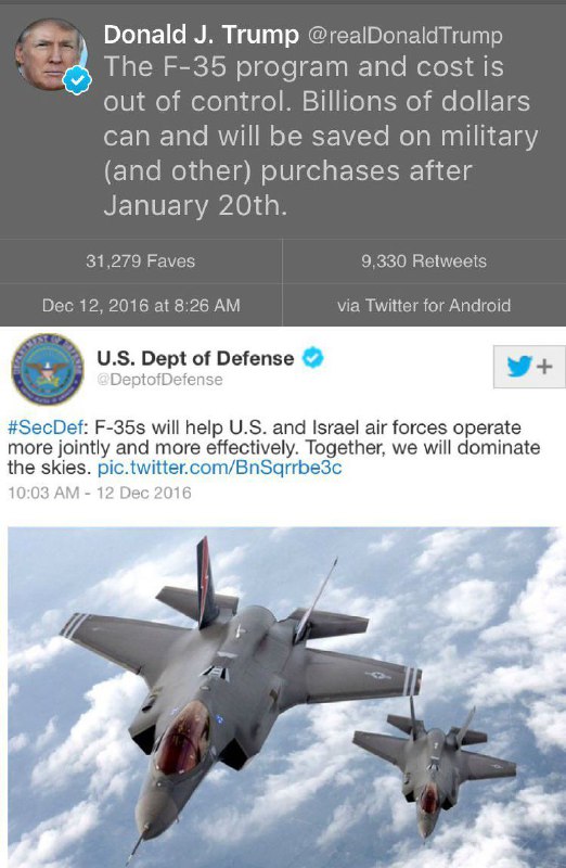 #ترامپ توییت کرد که جت #F35 که نیرو هوایی ارتش سفارش داده بسیار گران است. وزارت دفاع هم توییت کرد که #اف٣۵ خیلی هم خوبه.bbckalbasi