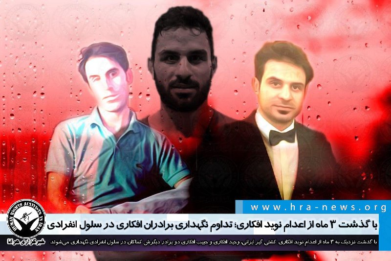 با گذشت نزدیک به سه ماه از اعدام #نوید_افکاری کشتی گیر ایرانی، #وحید_افکاری و #حبیب_افکاری دو برادر دیگرش کماکان در سلول انفرادی نگهداری می‌شوند و در شبکه‌های اجتماعی طوفان توئیتری با خواسته خارج کردن آنها از سلول انفرادی به راه افتاده است. #ReleaseAfkaris#برادران_افکاریhra_news# ReleaseAfkaris
