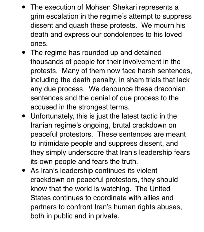 ند پرایس، سخنگوی وزارت خارجه آمریکا، با ابراز همدردی با خانواده محسن شکاری اعلام کرد اعدام او نشان‌دهنده تشدید هولناک تلاش رژیم برای سرکوب مخالفان و اعتراضات است.او افزود