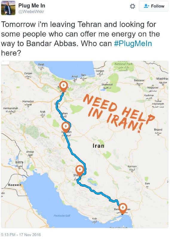 از هلند داره میره استرالیا با #خودروی_برقی. فردا مسیر تهران تا بندرعباس رو می‌خواد بره و احتیاج به کمک دارهtwitter.com/Segreda6/status/799266211519492096#PlugMeIn📡 @VahidOnline