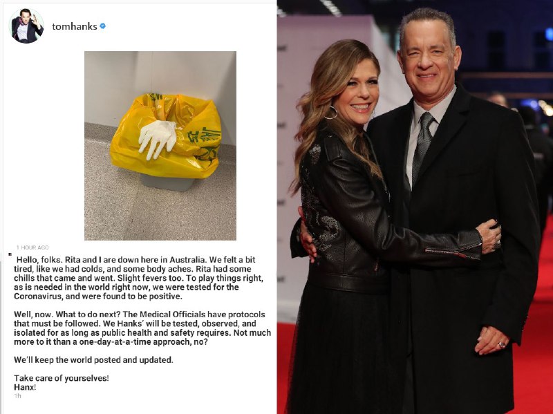 #تام_هنکس و همسرش در استرالیا هستن. هنکس در اینستاگرامش نوشته که احساس کسالت کردن و تست #کرونا دادن. جواب تست مثبت درومده. هنکس نوشته که تا زمانی که لازم باشه، در قرنطینه می مونن.علانمی که داشتن