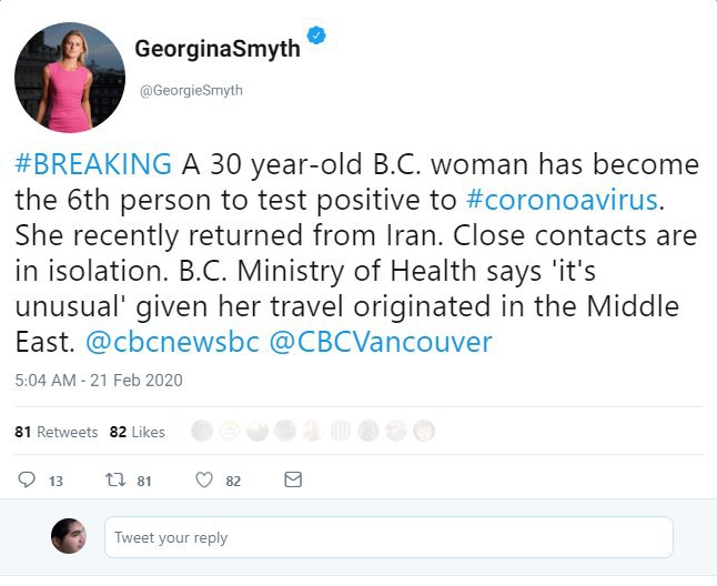 #فورییک زن ۳۰ ساله‌ی ایرانی در ایالت بریتیش کلمبیای کانادا ششمین نفری است که آزمایش ابتلای او به ویروس #کرونا در این ایالت مثبت اعلام شد. او به تازگی از ایران به کانادا بازگشته بود و اکنون اطرافیان نزدیکش در قرنطینه هستند.SOmataliدر ونکوور dailyhive📡 @VahidOnline