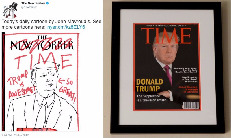 ترامپ #طرح_جلد جعلی مجله #تایم را با عکس خودش زده بوده تو باشگاه گلفش (راست). تایم ازش خواست از دیوار ورش داره. #نیویورکر این جلد را برای ماجرا زده. (چپ)mimnoon