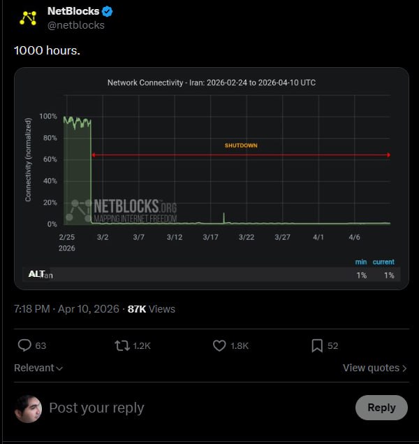 سایت «نت‌بلاکس» اعلام کرد قطعی گسترده اینترنت در ایران وارد چهل‌وسومین روز خود شده و از مرز ۱۰۰۰ ساعت گذشته است.بر اساس این گزارش، دسترسی عموم شهروندان به اینترنت جهانی همچنان قطع است و کاربران تنها به شبکه داخلی محدود شده‌اند؛ وضعیتی که ارتباط مردم با جهان خارج را به‌شدت مختل کرده است.@VahidOOnLine📡 @VahidOnline