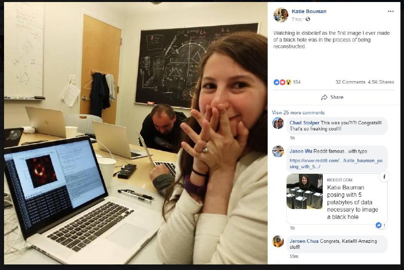 حجم تصاویر ارسالی تلسکوپ #افق_رویداد ۵پتابایت یا ۵۰۰۰ ترابایت بود.الگوریتم این شخص(کیتی بومن) ۵ پتابایت تصویر رو پردازش کرد و جهان اولین تصویر #سیاه‌چاله رو تونست ببینه.behnammodern - grzngi📡 @VahidOnlineحجم تصاویر ارسالی تلسکوپ #افق_رویداد ۵پتابایت یا ۵۰۰۰ ترابایت بود.الگوریتم این شخص(کیتی بومن) ۵ پتابایت تصویر رو پردازش کرد و جهان اولین تصویر #سیاه‌چاله رو تونست ببینه.behnammodern - grzngi📡 @VahidOnline