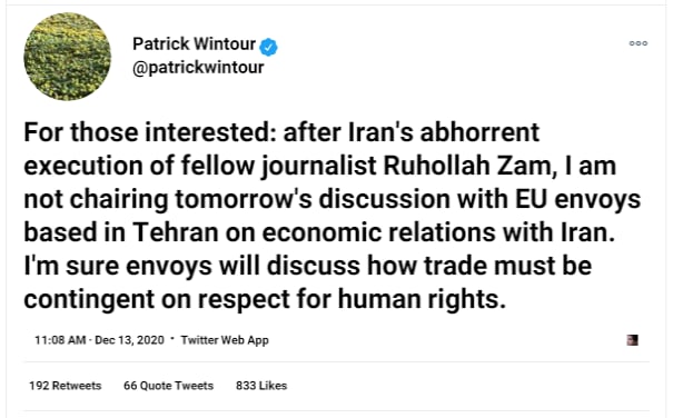 #پاتریک_وینتور روزنامه‌نگار و دبیر بخش دیپلماتیک روزنامه #گاردین در اعتراض به اعدام 