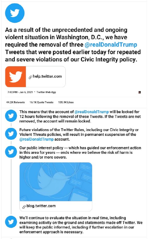 شبکه‌های اجتماعی #توییتر، #اینستاگرام و #فیس‌بوک چهارشنبه اعلام کردند که حساب کاری دونالد #ترامپ، رئیس جمهوری آمریکا را به طور موقت مسدود می‌کنند.توییتر می‌گوید، به دنبال حذف سه توییت دونالد ترامپ حساب کاربری او برای ۱۲ ساعت تعلیق می‌شود.توييتر همچنین گفته است، اگر دونالد ترامپ سه توييت آخر خود در روز چهارشنبه را حذف نکند، حساب کاربری او همچنان مسدود خواهد ماند و ممكن است به طور کامل حساب کاربری رئیس جمهوری آمریکا مسدود شود.دونالد ترامپ در این سه توییت ضمن دعوت هوادارانش به تظاهرات مسالمت آمیز از آنها خواسته بود به خانه برگردند، اما او همچنین در اين سه توييت بار دیگر ادعاهای خود درباره «تقلب گسترده» در انتخابات سوم نوامبر را تكرار كرده بود.به گفته توییتر این سه توییت به خشونت‌های روز چهارشنبه واشینگتن و ورود هوادارانش به کنگره دامن زده‌اند.ساعتی پس از توییتر، فیسبوک نیز اعلام کرد حساب کاربری دونالد ترامپ را به دلیل نقض قوانین برای ۲۴ ساعت تعلیق می‌کند.اینستاگرام هم می‌گوید٬ حساب کاربری دونالد ترامپ را برای ۲۴ ساعت مسدود می‌کند.RadioFarda_#Election2020📡 @VahidOnlineشبکه‌های اجتماعی #توییتر، #اینستاگرام و #فیس‌بوک چهارشنبه اعلام کردند که حساب کاری دونالد #ترامپ، رئیس جمهوری آمریکا را به طور موقت مسدود می‌کنند.توییتر می‌گوید، به دنبال حذف سه توییت دونالد ترامپ حساب کاربری او برای ۱۲ ساعت تعلیق می‌شود.توييتر همچنین گفته است، اگر دونالد ترامپ سه توييت آخر خود در روز چهارشنبه را حذف نکند، حساب کاربری او همچنان مسدود خواهد ماند و ممكن است به طور کامل حساب کاربری رئیس جمهوری آمریکا مسدود شود.دونالد ترامپ در این سه توییت ضمن دعوت هوادارانش به تظاهرات مسالمت آمیز از آنها خواسته بود به خانه برگردند، اما او همچنین در اين سه توييت بار دیگر ادعاهای خود درباره «تقلب گسترده» در انتخابات سوم نوامبر را تكرار كرده بود.به گفته توییتر این سه توییت به خشونت‌های روز چهارشنبه واشینگتن و ورود هوادارانش به کنگره دامن زده‌اند.ساعتی پس از توییتر، فیسبوک نیز اعلام کرد حساب کاربری دونالد ترامپ را به دلیل نقض قوانین برای ۲۴ ساعت تعلیق می‌کند.اینستاگرام هم می‌گوید٬ حساب کاربری دونالد ترامپ را برای ۲۴ ساعت مسدود می‌کند.RadioFarda_#Election2020📡 @VahidOnline