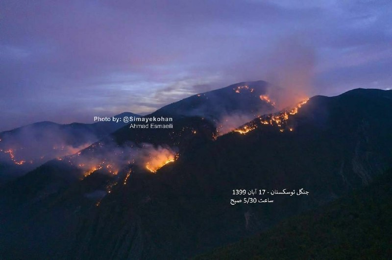 #توسکستان زیبا دارد جلوی چشم ما می‌سوزد و خاکستر می‌شود.عکس برای بامداد امروز است.PejmanMousavi#آتش‌سوزی در جنگل‌ توسکستان که از هفت روز قبل آغاز شده همچنان ادامه دارد. خبرگزاری ایرنا گزارش داد که آتش تاکنون ۱۵۰ هکتار از جنگل توسکستان را از بین برده است.براساس این گزارش، صخره‌ای بودن منطقه و کمبود تجهیزات باعث شده که نیروهای امدادی موفق به خاموش کردن آتش نشوند. این آتش‌سوزی از یک‌شنبه ۱۱ آبان شروع شده است.توسکستان در ادامه جنگل‌های هیرکانی و بین شهرستان‌های #گرگان - #شاهرود قرار دارد.ایرنا همچنین نوشت که حدود ۶۰ اسب وحشی پس از این آتش‌سوزی به ارتفاعات بالاتر فرار کردند و  نیروهای محیط زیست موفق به هدایت آنها به منطقه امن نشدند.iranintl📡 @VahidOnline