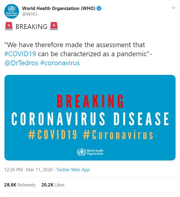 #سازمان_بهداشت_جهانی الآن اعلام کرد که بیماری #کووید۱۹ بر اثر ویروس جدید #کرونا، حالا دیگر رسما یک بیماری همه‌گیر در سطح جهانی است. HadiNiliاین اولین بار است که یک بیماری از خانواده کروناویروس‌ها همه گیر جهانی خوانده میشود. lantenlاو افزود