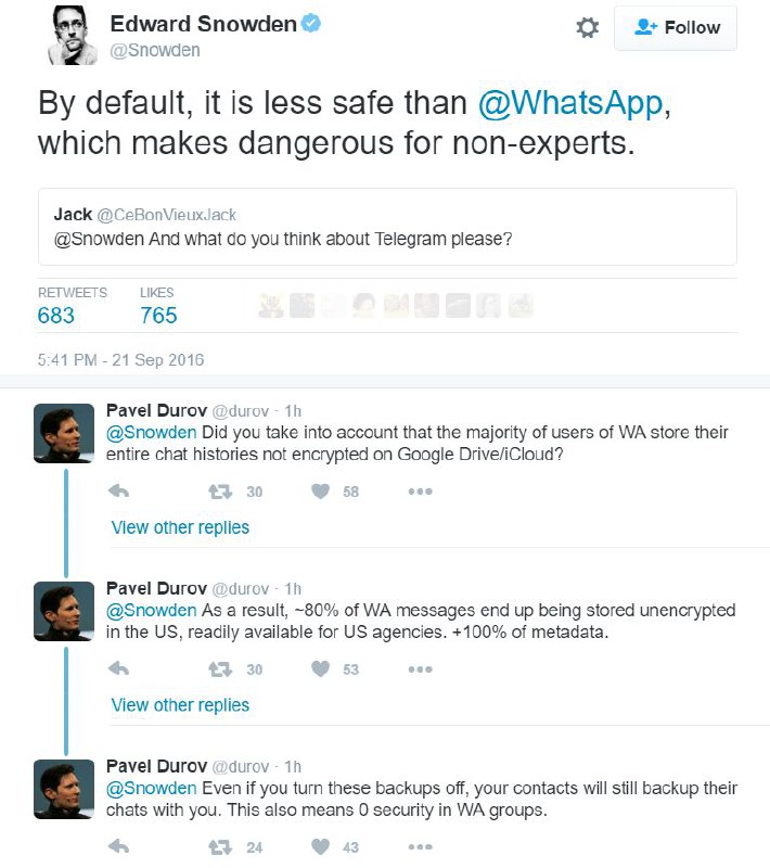 #اسنودن گفته درحالت پیش‌فرض #واتس‌اپ از #تلگرام امن‌تره#دورف میگه کاربران چت‌هاشون رو روی گوگل‌درایو و... ذخیره می‌کنند #امنیت ش کمهdurov📡 @VahidOnline