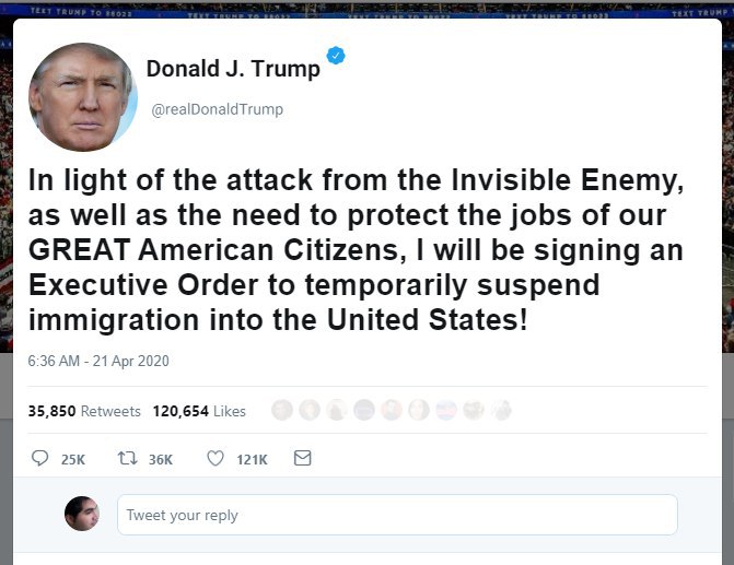‼️دونالد #ترامپ در توییتر خبر داده که بنا دارد با امضای دستوری اجرایی #مهاجرت به آمریکا را به طور موقت متوقف کند. او گفته این تصمیم را به علت شیوع ویروس کرونا و «حفظ فرصت های شغلی برای شهروندان آمریکایی» اتخاذ می‌کند. آقای ترامپ که این توییت را در ساعات پایانی روز دوشنبه، ۲۰ آوریل، منتشر کرد توضیح بیشتری درباره تصمیم خود نداده است. realDonaldTrumpbbcpersianدونالد ترامپ بامداد دوم اردیبهشت به‌وقت تهران در حساب کاربری خود در توئیتر نوشته است «در سایه حمله دشمنی نامرئی، همچنین به‌دلیل نیاز به محفاظت از کسب ‌و کار شهروندان آمریکای باعظمت ما، من فرمانی اجرایی صادر می‌کنم که مهاجرت به ایالات متحده را موقتا معلق می‌کند».RadioFarda_📡 @VahidOnline