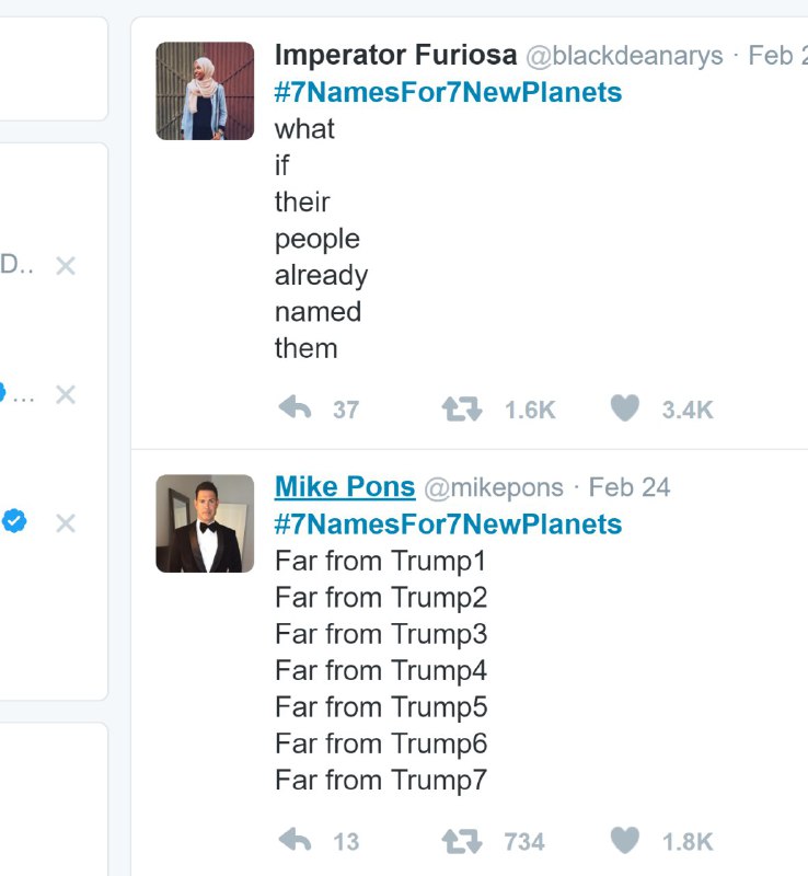 خیلی باحاله این هشتگ #7NamesFor7NewPlanetstwitter.com/naahid_s/status/835226781082873856اسم پیشنهاد می‌کنند برای سیاره‌های #ترپیست۱#ناسا هم اینجوری 😉 مشارکت کرده