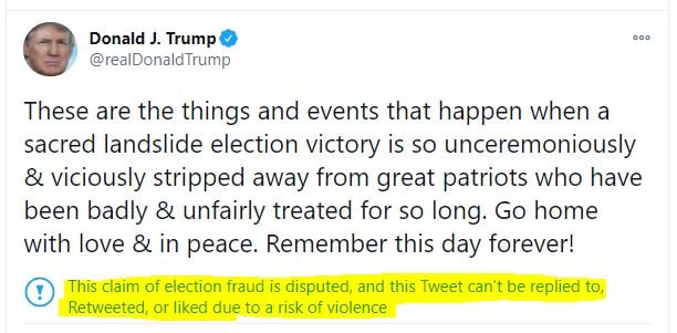 شبکه‌های اجتماعی #توییتر، #اینستاگرام و #فیس‌بوک چهارشنبه اعلام کردند که حساب کاری دونالد #ترامپ، رئیس جمهوری آمریکا را به طور موقت مسدود می‌کنند.توییتر می‌گوید، به دنبال حذف سه توییت دونالد ترامپ حساب کاربری او برای ۱۲ ساعت تعلیق می‌شود.توييتر همچنین گفته است، اگر دونالد ترامپ سه توييت آخر خود در روز چهارشنبه را حذف نکند، حساب کاربری او همچنان مسدود خواهد ماند و ممكن است به طور کامل حساب کاربری رئیس جمهوری آمریکا مسدود شود.دونالد ترامپ در این سه توییت ضمن دعوت هوادارانش به تظاهرات مسالمت آمیز از آنها خواسته بود به خانه برگردند، اما او همچنین در اين سه توييت بار دیگر ادعاهای خود درباره «تقلب گسترده» در انتخابات سوم نوامبر را تكرار كرده بود.به گفته توییتر این سه توییت به خشونت‌های روز چهارشنبه واشینگتن و ورود هوادارانش به کنگره دامن زده‌اند.ساعتی پس از توییتر، فیسبوک نیز اعلام کرد حساب کاربری دونالد ترامپ را به دلیل نقض قوانین برای ۲۴ ساعت تعلیق می‌کند.اینستاگرام هم می‌گوید٬ حساب کاربری دونالد ترامپ را برای ۲۴ ساعت مسدود می‌کند.RadioFarda_#Election2020📡 @VahidOnlineشبکه‌های اجتماعی #توییتر، #اینستاگرام و #فیس‌بوک چهارشنبه اعلام کردند که حساب کاری دونالد #ترامپ، رئیس جمهوری آمریکا را به طور موقت مسدود می‌کنند.توییتر می‌گوید، به دنبال حذف سه توییت دونالد ترامپ حساب کاربری او برای ۱۲ ساعت تعلیق می‌شود.توييتر همچنین گفته است، اگر دونالد ترامپ سه توييت آخر خود در روز چهارشنبه را حذف نکند، حساب کاربری او همچنان مسدود خواهد ماند و ممكن است به طور کامل حساب کاربری رئیس جمهوری آمریکا مسدود شود.دونالد ترامپ در این سه توییت ضمن دعوت هوادارانش به تظاهرات مسالمت آمیز از آنها خواسته بود به خانه برگردند، اما او همچنین در اين سه توييت بار دیگر ادعاهای خود درباره «تقلب گسترده» در انتخابات سوم نوامبر را تكرار كرده بود.به گفته توییتر این سه توییت به خشونت‌های روز چهارشنبه واشینگتن و ورود هوادارانش به کنگره دامن زده‌اند.ساعتی پس از توییتر، فیسبوک نیز اعلام کرد حساب کاربری دونالد ترامپ را به دلیل نقض قوانین برای ۲۴ ساعت تعلیق می‌کند.اینستاگرام هم می‌گوید٬ حساب کاربری دونالد ترامپ را برای ۲۴ ساعت مسدود می‌کند.RadioFarda_#Election2020📡 @VahidOnline