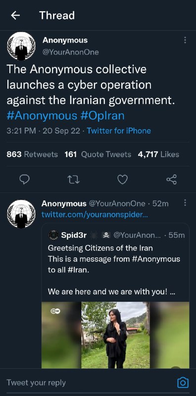 👉 YourAnonOneگروه انانیموس رسما اعلام کرد یه سری عملیات سایبری روی سیستم‌های حکومت ایران لانچ میکنه.Life30Careانانیموس معروف‌ترین گروه هکری دنیاست که برای اهداف بشردوستانه، سیستم‌های اطلاعاتی دولتها رو هک میکنه. الان اعلام کرد که روی سیستمهای جمهوری اسلامی تمرکز کرده. این گروه قبلا تونسته بوده سیستمهای دولتی روسیه رو هک کنه. #مهسا_امینیSymph8th