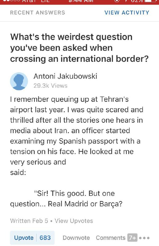 maryayi t.co/fzoGAbPgByعجیب‌ترین سوالی که موقع عبور از #مرز شده؟ پاسخ یک اسپانیایی درباره ایران 👆 اینجا vhdo.nl/1T9feQbبقیه vhdo.nl/1T9fkqU#بارسولونا #رئال_مادرید #فوتبال #quora📡 @VahidOnline