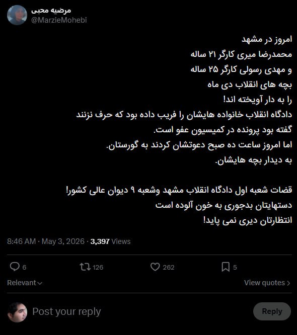 'مرضیه محبی، وکیل دادگستری' در توییتی نوشته