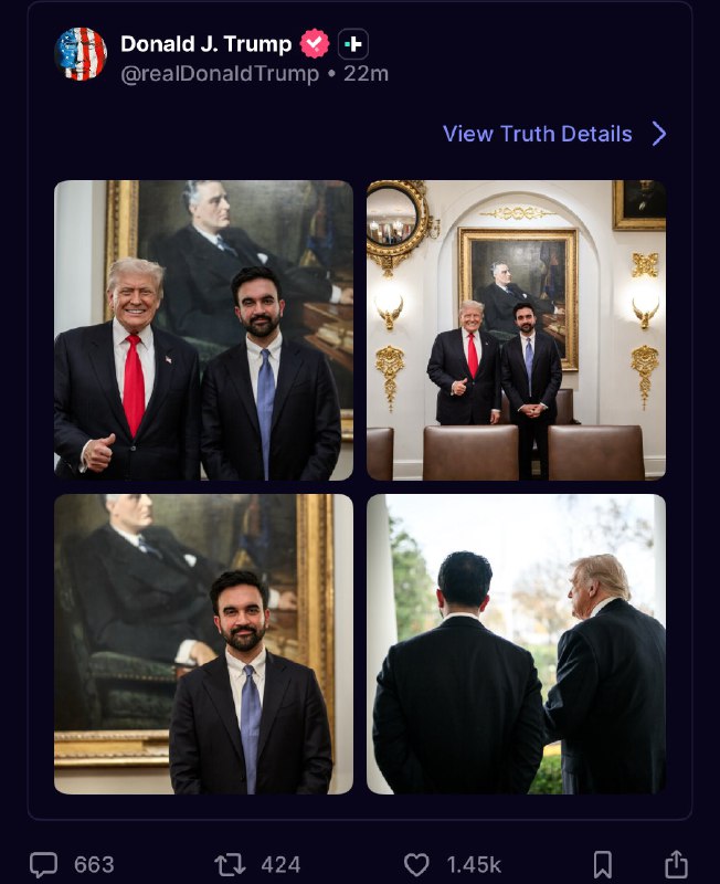 در جریان دیدار دونالد ترامپ، رئیس‌جمهوری آمریکا، با زهران ممدانی، شهردار نیویورک، یکی از خبرنگاران در اتاق بیضی از ممدانی درباره اظهارنظرهایی پرسید که در کارزارهای انتخاباتی، ترامپ را «فاشیست» توصیف کرده‌ بود.  هنگامی که ممدانی می خواست توضیح دهد، ترامپ رو به او کرد و با لحن همیشگی خود گفت می‌تواند «بگوید بله این ساده‌تر است».خبرنگار دیگری به تبلیغات انتخاباتی الیس استفانیک، نماینده جمهوری‌خواه، اشاره کرد که در آن ممدانی را «جهادگر» خطاب کرده بود. ترامپ در واکنش گفت چنین برداشتی ندارد و افزود در دوران کارزارها گاهی حرف‌هایی گفته می‌شود که لزوما منعکس‌کننده واقعیت نیست. او تاکید کرد ممدانی را «فردی بسیار منطقی و توانمند» می‌داند و باید درباره این اتهام‌ها از استفانیک پرسیده شود.@VahidOOnLineدونالد ترامپ، رئیس جمهوری آمریکا، عصر روز جمعه، ساعاتی پس از دیدار با زهران ممدانی، شهردار منتخب نیویورک، با انتشار تصاویری از دیدارش با ممدانی در شبکه اجتماعی تروت‌سوشال نوشت