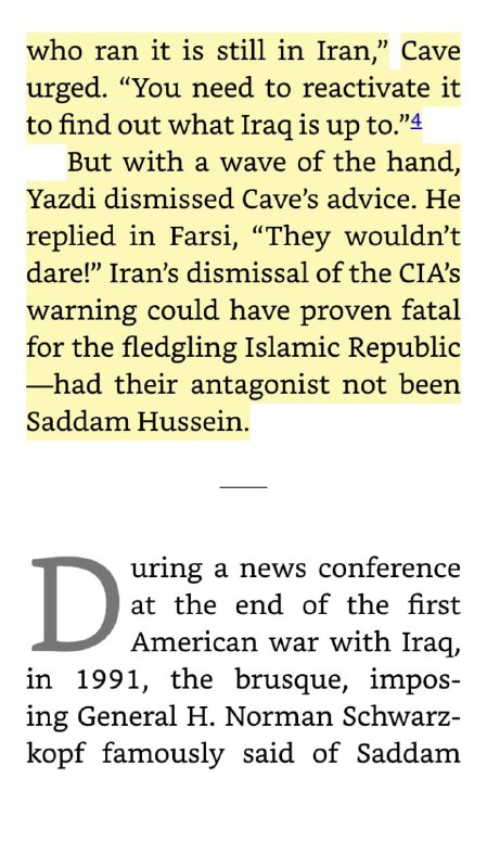 مهر ۱۳۵۸ یک ماه پیش از حمله به سفارت آمریکا در تهران در زمان دولت جیمی #کارتر افسر #سی‌آی‌ای به تهران می‌رود تا نسبت به حمله قریب‌الوقوع #عراق هشدار دهد.واکنش #ابراهیم_یزدی وزیر خارجه ایران این بود