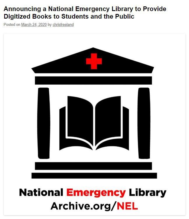 نهاد «#آرشیو_اینترنت» با حمایت و کمک بیش از صد دانشگاه و نهاد و فرد آمریکایی، تعداد ۱٫۴ میلیون جلد کتاب دانشگاهی رو در «کتابخانۀ اضطرار ملی» به صورت رایگان در اختیار عموم گذاشته. به نشانی زیر برید، استفاده کنید، و به دیگران هم معرفی کنید