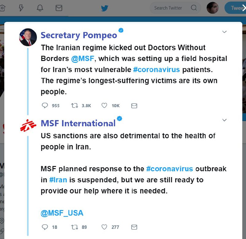 وزیرخارجه آمریکا توییت کرده با اشاره به رد کمک #پزشکان_بدون_مرز توسط حکومت ایران نوشته که «مردم ایران قربانی دیرین رژیم ایران هستند».پزشکان بدون مرز جواب داده تحریم‌های آمریکا هم به سلامتی مردم ایران لطمه می‌زند.رسانه‌های حکومت ایران این گروه را وابسته به آمریکا توصیف کرده‌اند. HadiNili#کرونا📡 @VahidOnline