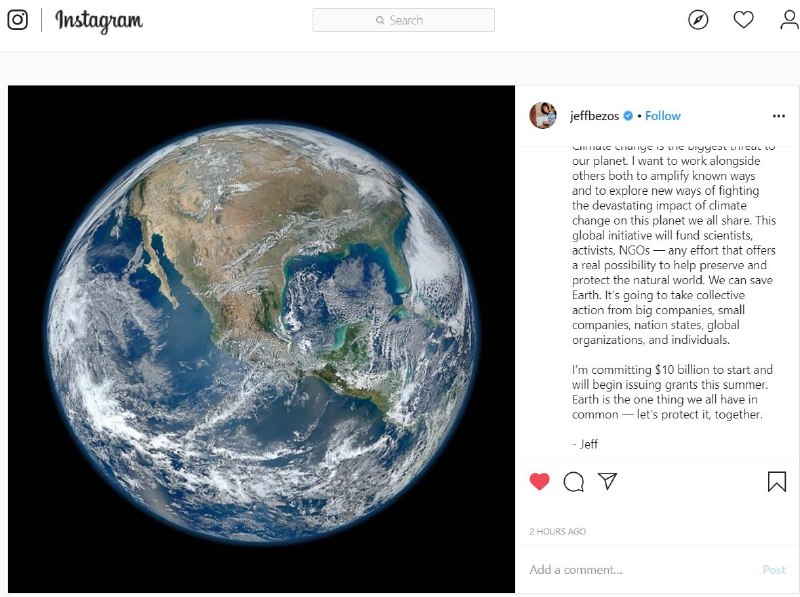 #جف_بیزوس، رئیس شرکت #آمازون که با ۱۳۰ میلیارد دلار ثروت در رتبه اول متمولان جهان قرار دارد در یک پست اینستاگرامی اعلام کرد که از تابستان امسال ۱۰ میلیارد دلار برای مبارزه با تغییرات اقلیمی و گرمایش زمین هزینه خواهد کرد. آقای #بیزوس بارها به علت مشارکت اندک در امور انسان‌دوستانه مورد انتقاد قرار گرفته بود.اسم طرح را هم گذاشته 