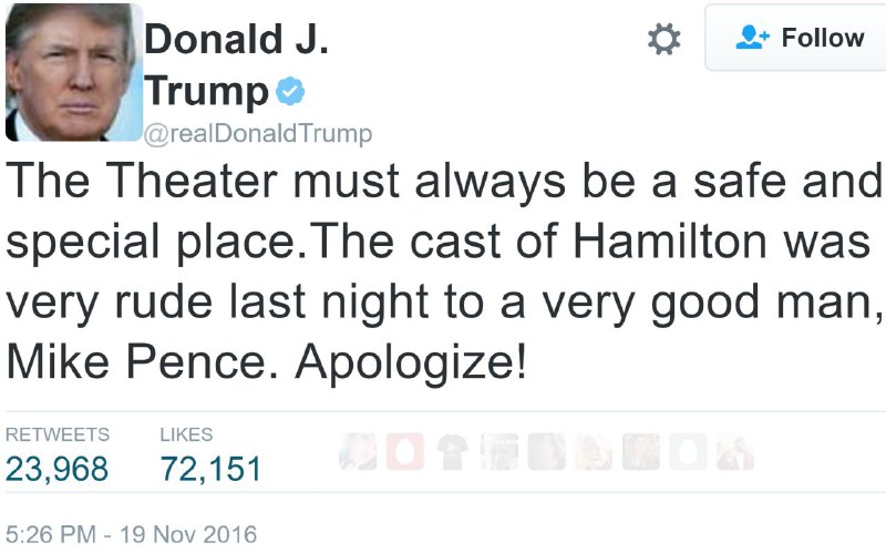 در واکنش به وقایع رخ‌داده در #نمایش_همیلتون، #ترامپ نوشته تئاتر باید جای امنی باشه، از #پنس معذرت بخواهید.twitter.com/NazariMary/status/800013507500576768📡 @VahidOnline