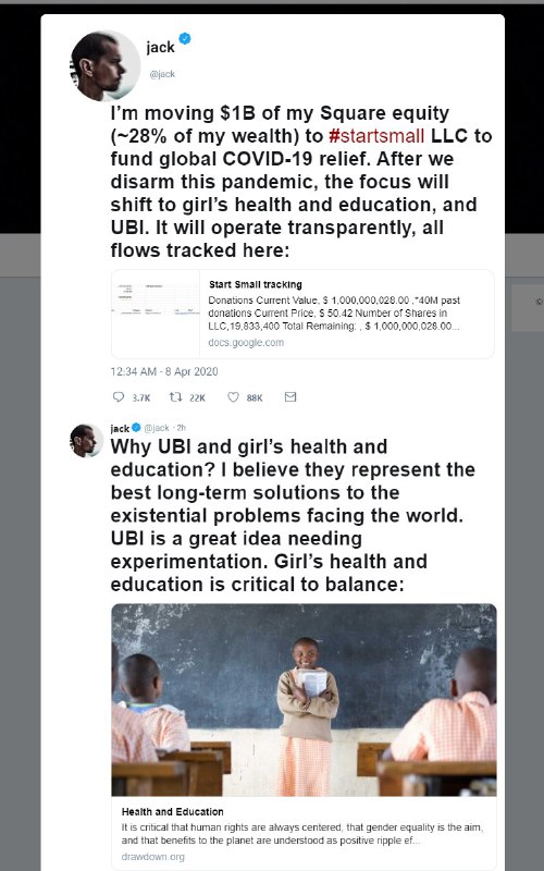 #جک_دورسی، هم‌بنیان‌گذار و مدیرعامل #توییتر، اعلام کرده که یک میلیارد دلار، معادل بیش از یک‌چهارم کل ثروتش را برای کمک‌های خیریه مرتبط با ویروس #کرونا می‌گذارد.گفته که بعد از «خلع‌سلاح» این بیماری همه‌گیر جهانی هم روی بهداشت و آموزش دختران و همین‌طور درآمد پایه تمرکز می‌کند. HadiNiliرقمی که جک دورسی برای مقابله با کرونا دونیت کرده تقریبا همون اندازه است که دولت ایران از صندوق توسعه ملی واسه این کار برداشت کرده 