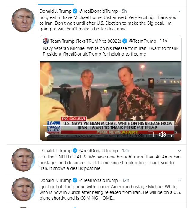 دونالد ترامپ پس از آزادی #مایکل_وایت خطاب به مقام‌های ایران گفت برای «توافق بزرگ» با آمریکا منتظر نتیجه انتخابات آتی ریاست جمهوری این کشور نباشند.ترامپ برای آزادی وایت از ایران تشکر کرد و نوشت