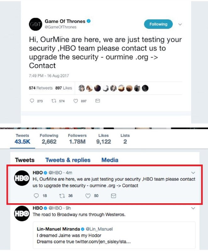هکرها اکانت توییتر @.HBO و @.GameOfThrones رو برای یک تلنگر جدید به کمپانی #HBO #هک کردند.‏OurMine یک گروه هک از #عربستان سعودی است. kevinmiston
