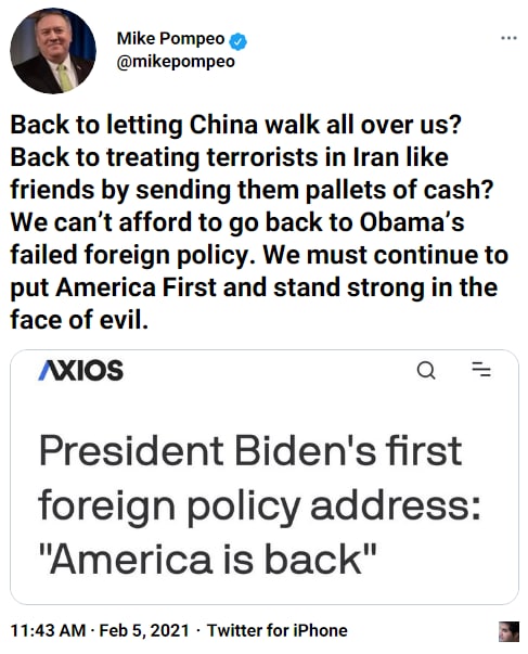 مایک #پمپئو، وزیر خارجه پیشین #آمریکا، در واکنش به سخنان روز گذشته جو #بایدن که گفت