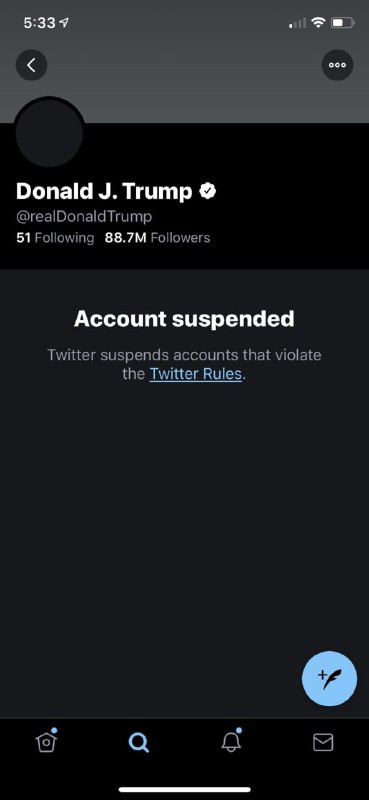 realDonaldTrumpدوره دونالد #ترامپ در توییتر زودتر از دوره‌‌اش در کاخ سفید تمام شد. HadiNili#توییتر از مسدود شدن کامل و دایمی حساب دونالد ترامپ خبر داده.توییتر علت این تصمیم را پیگیری از احتمال «تشویش و ترغیب به خشونت بیشتر» عنوان کرده.bbcpersianتوییتر در بیانیه خود با تحلیل دو توییت ترامپ در روز جمعه گفت برداشت این شرکت این‌ است که توییت‌های مذکور ممکن است دیگران را به تکرار خشونت‌های اخیر در ساختمان کنگره ترغیب کنند و «چندین مولفه» نشان می‌دهد برخی این پیام‌ها را به منزله تشویق به تکرار این واقعه، تلقی می‌کنند.توییتر