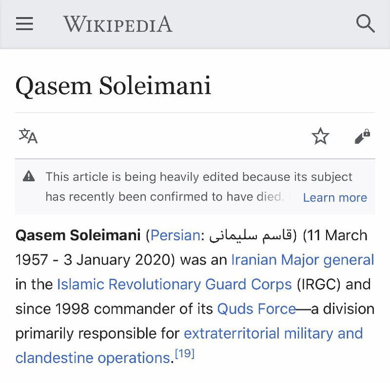 صفحه ویکی‌پدیای #قاسم_سلیمانی به‌روز شد (11 March 1957 – 3 January 2020) Serpicoo3 ـ Elahe___خبرگزاری آسوشیتدپرس هم به نقل از تلویزیون #عراق و سه مقام عراقی گزارش داده که #قاسم_سلیمانی فرمانده #سپاه قدس جمهوری اسلامی و #ابومهدی_المهندس از فرماندهان #حشد_شعبی کشته شده‌اند.VOAIranرویترز