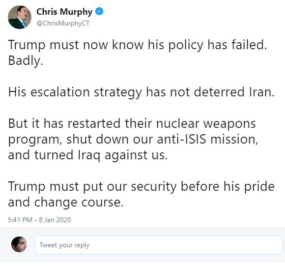 ChrisMurphyCTسناتور دموکرات، #کریس_مورفی نوشته که سیاست ترامپ در قبال ایران «خیلی بد شکست خورده.» و او باید غرورش را زیر پا گذاشته و سیاستش را عوض کند. Sam_Farzanehکریس مورفی سناتور کنتیکت