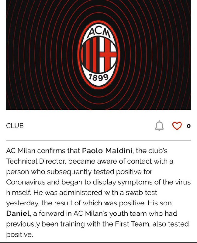 باشگاه #میلان #ایتالیا با انتشار بیانیه‌ای اعلام کرد پائولو #مالدینی اسطوره این تیم و مدیر فنی فعلی روسونری به همراه پسرش که در تیم جوانان بازی می‌کند، به ویروس #کرونا مبتلا شده است.khabaronlinee📡 @VahidOnlineباشگاه #میلان #ایتالیا با انتشار بیانیه‌ای اعلام کرد پائولو #مالدینی اسطوره این تیم و مدیر فنی فعلی روسونری به همراه پسرش که در تیم جوانان بازی می‌کند، به ویروس #کرونا مبتلا شده است.khabaronlinee📡 @VahidOnline