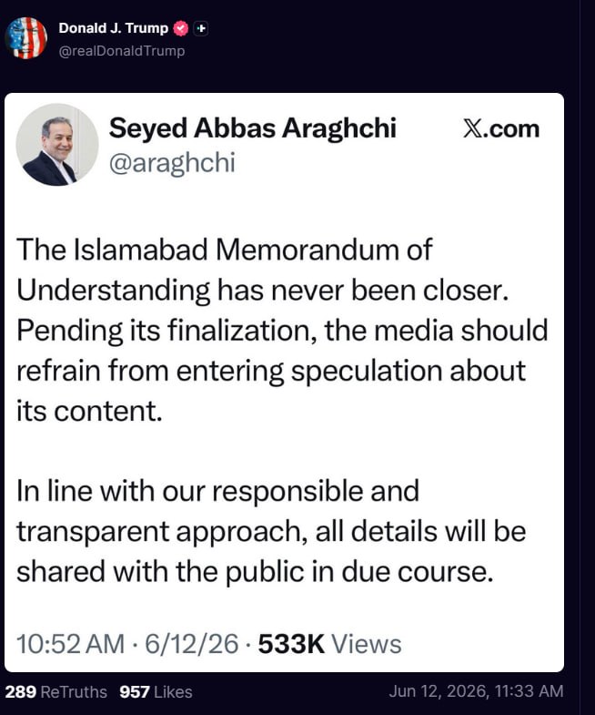 ترامپ اسکرین‌شاتی از این توییت عراقچی رو پست کرد