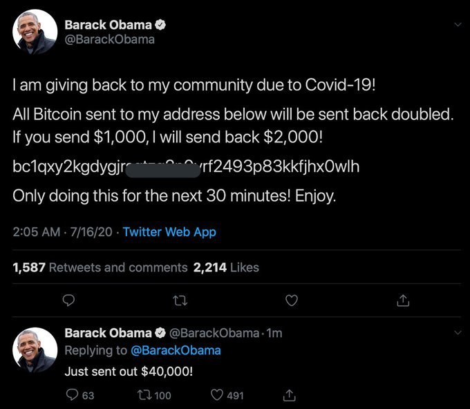 ‼️حساب‌های #توییتر بیل‌گیتس، ایلان ماسک و چند کسب‌وکار که شامل صرافی‌های رمز ارز بزرگ می‌شه احتمالا #هک شده. ازشون یک توییت با آدرس بیتکوین ارسال شده که به ملت می‌گه هر مقدار پول که بفرستن، دو برابرش رو دریافت می‌کنن.عجب اتفاق عجیبی. هنوز دلیلش معلوم نیست.💬هکر تا این لحظه بیش از ۱۱ بیتکوین جمع کرده.💬باورکردنی نیست. اوباما هم اضافه شد!arashzdامشب که خواب بودیدبزرگترین هک تاریخ توییتر در حال رخ دادنهAmirPersisهر بارم یه چیزی اومد دیده بشه، یه فیلی هوا شد یه مایکل جکسونی مرد. اکانت توییتر اپل و بیل گیتس و ایلان ماسک هک شده. #اعدام_نکنیدalihejvani#هک_توییتر📡 @VahidOnline‼️حساب‌های #توییتر بیل‌گیتس، ایلان ماسک و چند کسب‌وکار که شامل صرافی‌های رمز ارز بزرگ می‌شه احتمالا #هک شده. ازشون یک توییت با آدرس بیتکوین ارسال شده که به ملت می‌گه هر مقدار پول که بفرستن، دو برابرش رو دریافت می‌کنن.عجب اتفاق عجیبی. هنوز دلیلش معلوم نیست.💬هکر تا این لحظه بیش از ۱۱ بیتکوین جمع کرده.💬باورکردنی نیست. اوباما هم اضافه شد!arashzdامشب که خواب بودیدبزرگترین هک تاریخ توییتر در حال رخ دادنهAmirPersisهر بارم یه چیزی اومد دیده بشه، یه فیلی هوا شد یه مایکل جکسونی مرد. اکانت توییتر اپل و بیل گیتس و ایلان ماسک هک شده. #اعدام_نکنیدalihejvani#هک_توییتر📡 @VahidOnline