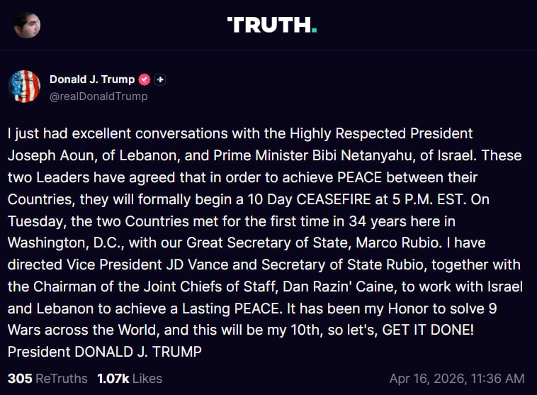 ترامپ از آتش‌بس ۱۰ روزه در لبنان خبر دادپست الان ترامپ، ترجمه ماشین