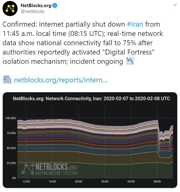 قطعی موقت اینترنت در ایران در پی «حمله سایبری»یک عضو هیئت مدیره شرکت ارتباطات زیرساخت ایران روز شنبه، ۱۹ بهمن، از قطعی «موقت» اینترنت در ایران خبر داد.سجاد بنابی در یک پیام توییتری نوشت