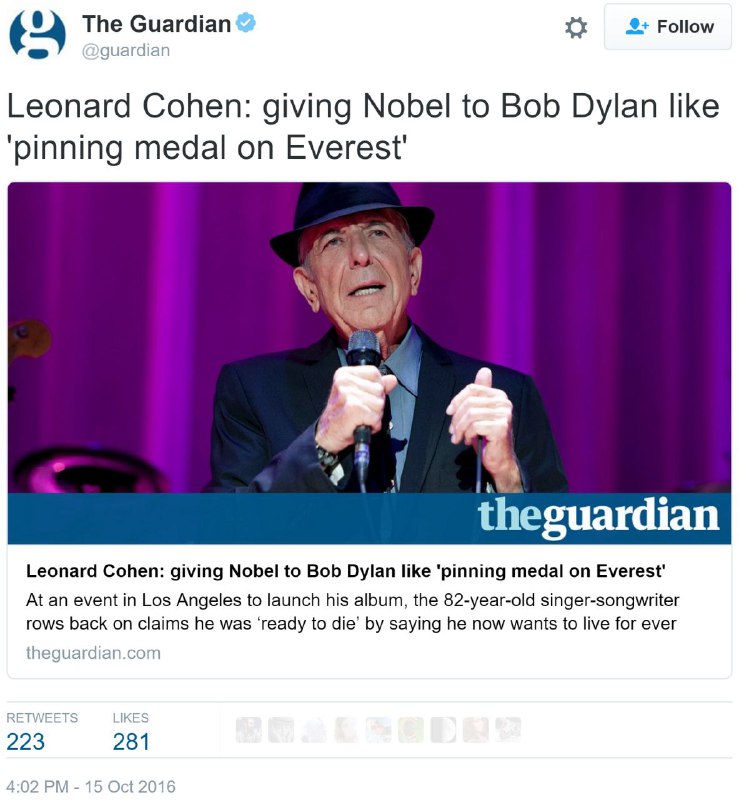 لئونارد کوهن میگه نوبل دادن به باب دیلان مثل اینه که به اورست مدال بدنtwitter.com/mimnoon/status/787394853160226820@VahidOnlineیعنی #دیلن خیلی بزرگتر ازاین حرف‌هاست#کوهن #نوبل_ادبیات #نوبل #موسیقی