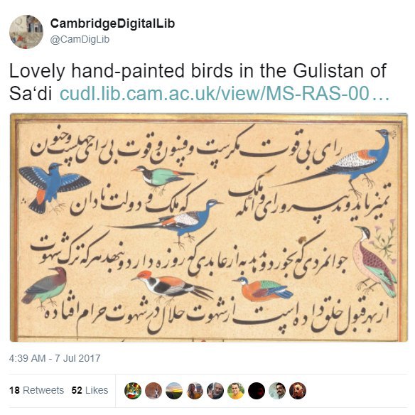 #کتابخانه دیجیتال دانشگاه #کمبریج این صفحه از #گلستان #سعدی موجود در آرشیوش را به خاطر #نقاشی‌ زیبایش توییت کرده  t.co/fUSk9PJ6awtwitter.com/mimnoon/status/883258859770580993📡 @VahidOnline
