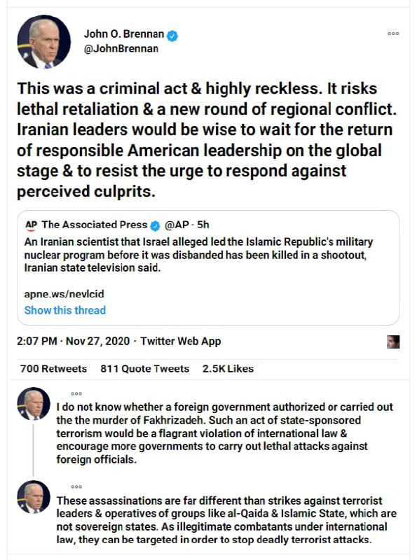 رئیس سابق #سی‌آی‌ای #CIA در دوره اوباما این‌طور به جمهوری اسلامی توصیه کرده بعد ترور #فخری‌زاده