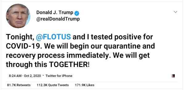 ‼️‼️‼️رئیس‌جمهور آمریکا #کرونا گرفته.#ترامپ تایید کرد جواب تست کرونای خودش و همسرش مثبت شده. realDonaldTrumpHadiNiliترامپ در توییت خود نوشت