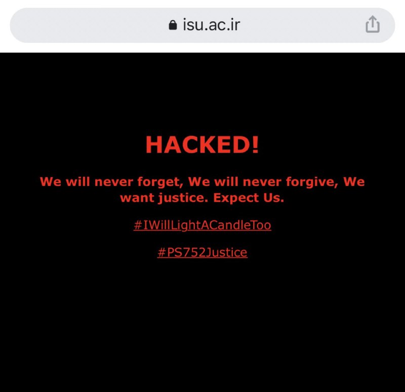 یک گروه هکری در سالگرد انهدام هواپیمای اوکراینی، وب‌سایت #دانشگاه_امام_صادق را #هک کردند. آنها در پیامی که روی صفحه این وبسایت ظاهر شده، تاکید کردند «‌هیچ‌وقت نمی‌بخشیم، هیچ‌وقت فراموش نمی‌کنیم، خواهان عدالت هستیم. منتظر ما باشید»IranIntlbrk#PS752📡 @VahidOnline