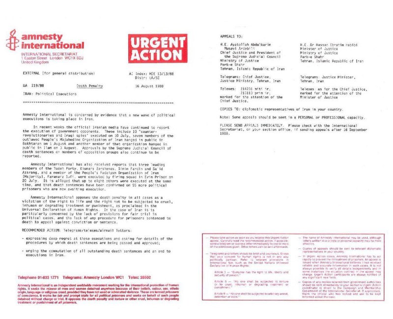 مسئول بخش ایران در سازمان #عفو_بین‌الملل با استناد به بیانیه‌ای که این سازمان در سال ۱۹۸۸ و همزمان با #اعدام های جمعی در ایران برای مقامات جمهوری اسلامی فرستاده، گفته مقامات ارشد ایران از این اعدام‌ها خبر داشتند.#رها_بحرینی نوشته