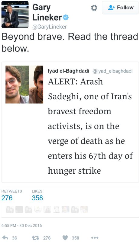 «فراتر از شجاعت»؛ توییت گری #لینکر بازیکن پیشین تیم ملی انگلستان در مورد #آرش_صادقی#saveArashtwitter.com/Sadrmb/status/814855422108692480📡 @VahidOnline