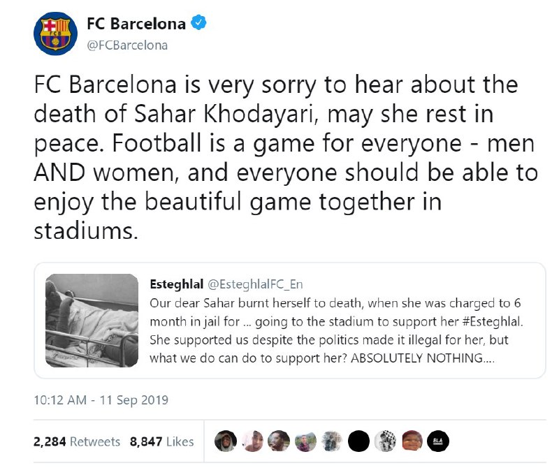 واکنش باشگاه بارسلونا به خودسوزی #دختر_آبی