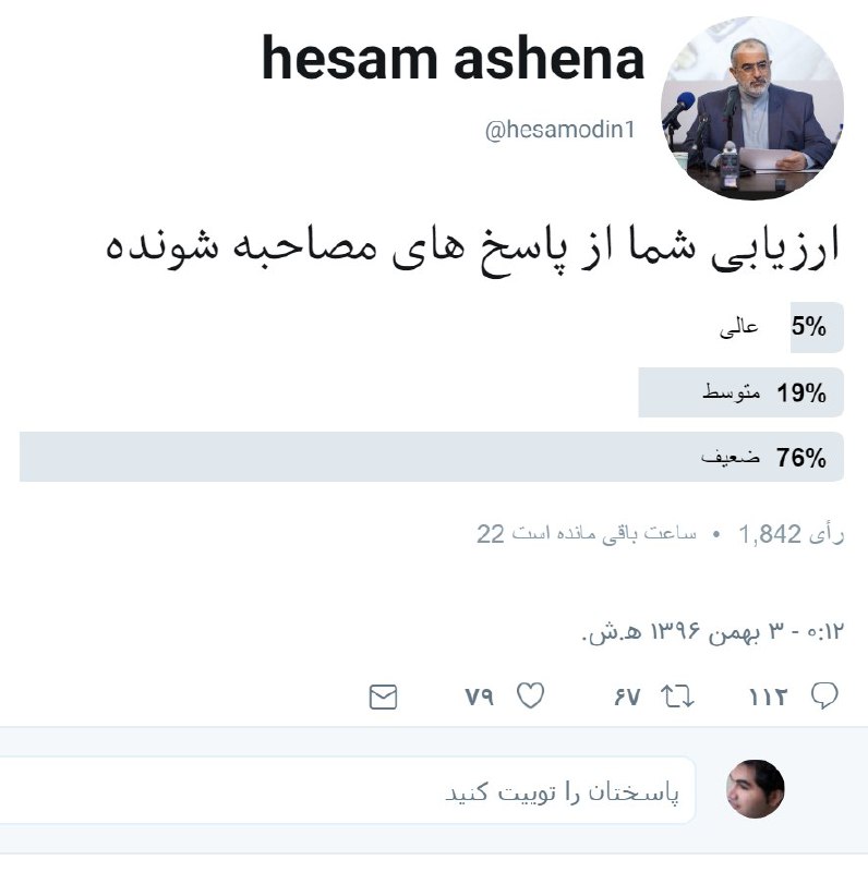 نتیجه نظرسنجی توییتری #حسام_آشنا مشاور #روحانی تا این لحظه