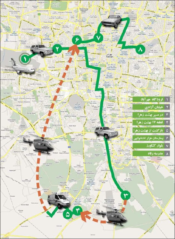 مسیری که روز #۱۲بهمن از فرودگاه تا #مدرسه_رفاه طی شد در این نقشه مشخص شده. انتقال به بیمارستان هزار تختخوابی بعد از سخنرانی بهشت‌زهرا به علت کسالت، رفتن و استراحت در منزل دختر آیت الله پسندیده، و انتفال شبانه به مدرسه‌ی رفاه کمتر در گزارشهای این سالها مورد روایت بوده! HSetareh#خمینی📡 @VahidOnline