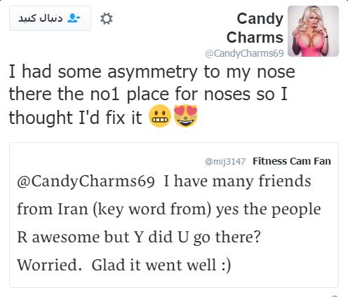 آقا این #پورن_استار اومده #ایران فقط #دماغ عمل کنه. خدای منIs this the real life?? #CandyCharmstwitter.com/penus_erectus/status/759061883534110720📡 @VahidOnline#توریسم_پزشکی #عمل_زیبایی #عمل_دماغ